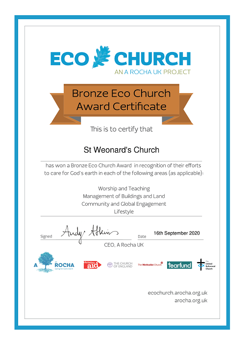 St Weonards Church Eco Church Bronze Award certificate 2020